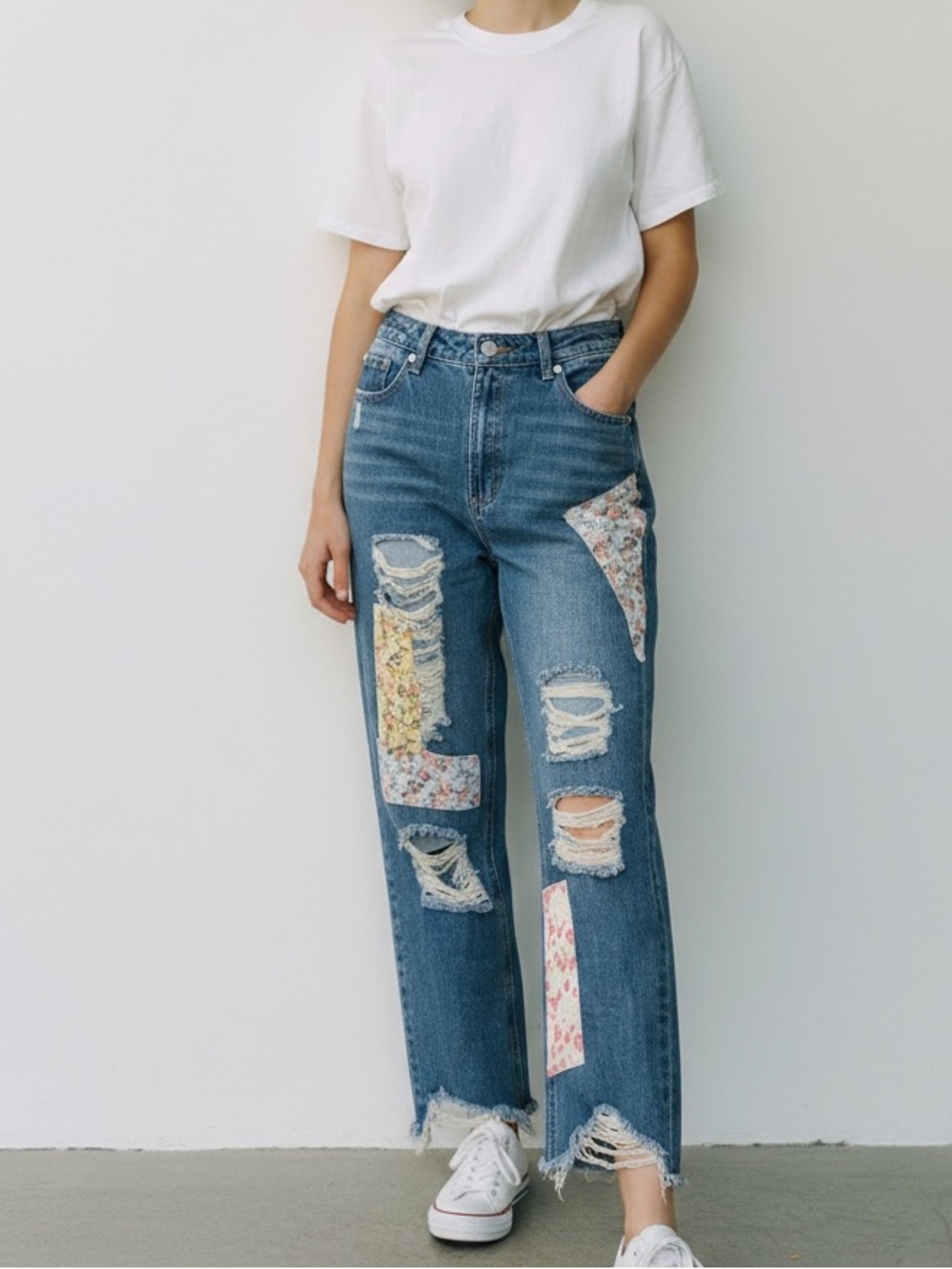 Vintage Almost Famous Blue Straight-Leg Jeans with Floral Patch Patches